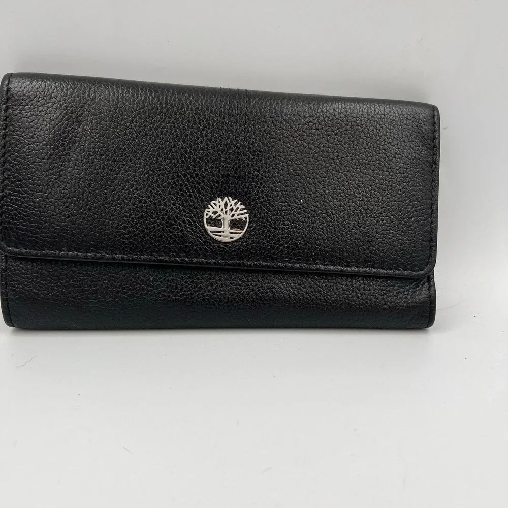 Timberland Pebbled Leather Black Wallet Women's Trifold Cardholder Clutch Flap
